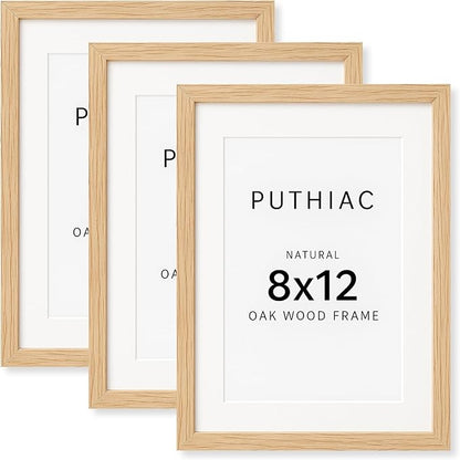puthiac 8x12 Solid Oak Wood Picture Frame, Fits 6x8 with Mat or 8x12 Without Mat, Wall or Tabletop Display with Stand, Vertical or Horizontal, Plexi Front, 3 Pack, Natural Oak