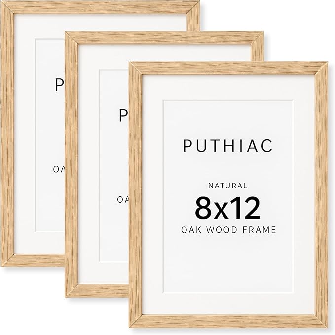 puthiac 8x12 Solid Oak Wood Picture Frame, Fits 6x8 with Mat or 8x12 Without Mat, Wall or Tabletop Display with Stand, Vertical or Horizontal, Plexi Front, 3 Pack, Natural Oak