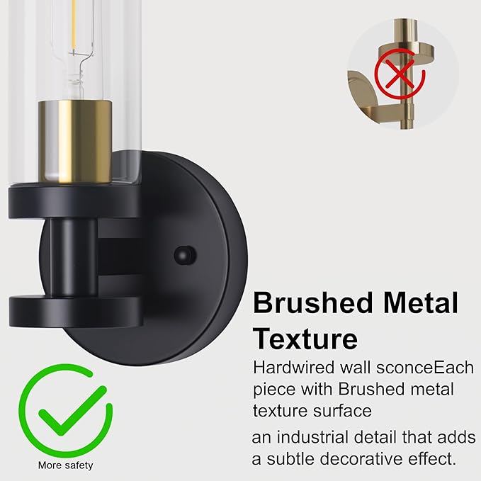 Wall Sconces Set of Two, Bathroom Sconces with Clear Glass, Hardwired Sconces Wall Decor Set of 2, Modern Wall Lights for Living Room Mirror Bedroom Hallway Kitchen (Gold and Black)