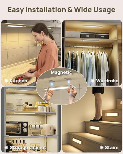 12" Under Cabinet Lights Wireless, Motion Sensor Light Indoor with Remote, LED Rechargeable Closet Light, 3 Color Temps, Dimmable, Magnetic, Under Counter Lights for Kitchen, Stairs, Pantry, Hallway