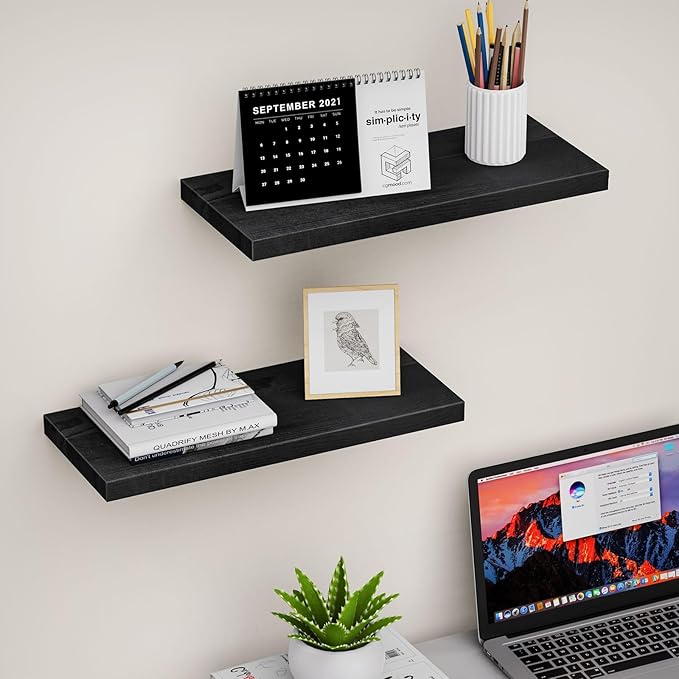 Floating Shelves (Set of 2) – Wall Mounted Shelves for Home Décor and Storage, Natural Pine Wood, Suitable for Living Room and Bedroom (Black, 15.7" x 5.7" x 1.0")