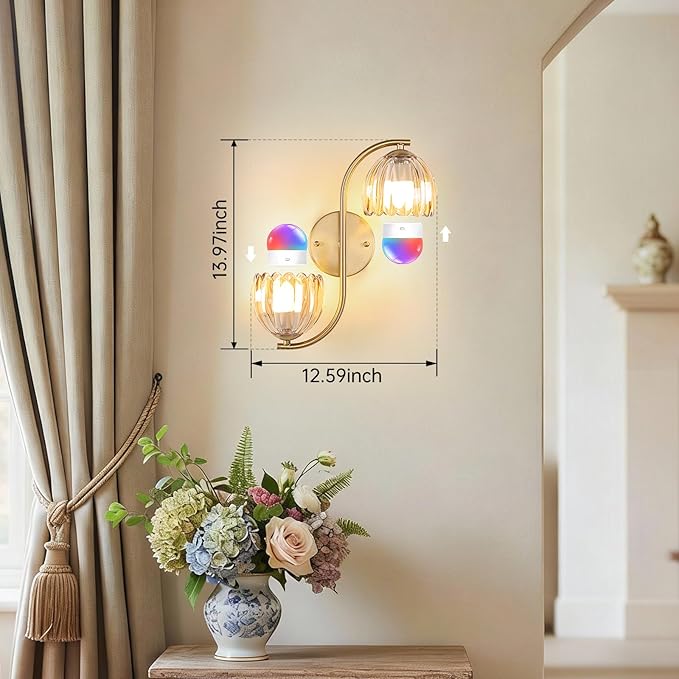 Battery Operated Wall Sconce, 2-Lights Vinatge Brass Wall Lighting Up and Down with Amber Tulip Shade for Living Room, Bedroom, Symmetrical 2 Pack