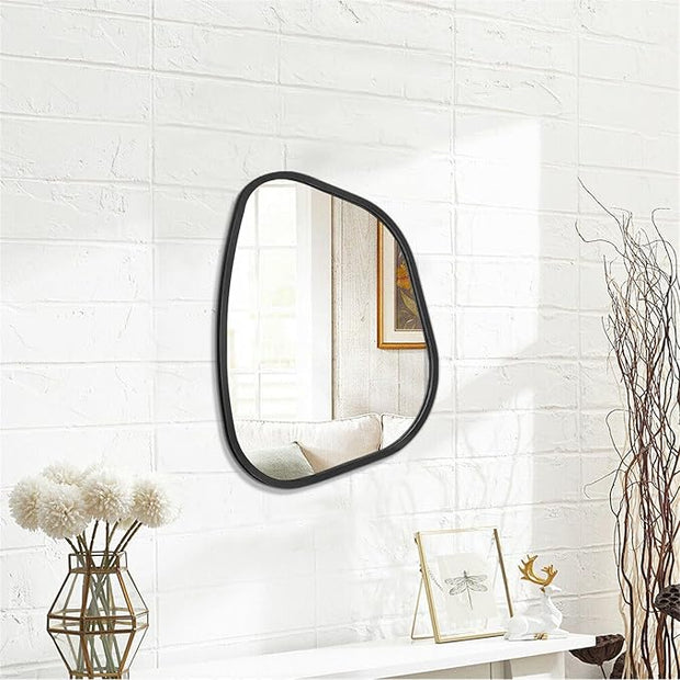 Asymmetrical Mirror for Wall Irregular Oval Wood Frame Modern Unique Accent Wall Mirror Decorative Vanity Bathroom Living Room Bedroom Entryway Hallway Artistic Wavy Mirror Small 14"x10"