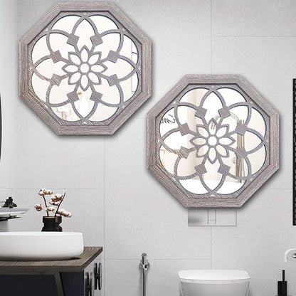 2 PCS 20 inch Octagon Wall-Mounted Mirrors,Vintage Farmhouse Mirror for Wall Decor,Barn Wood Color Decorative Accent Mirror for Foyer, Bathroom, Bedroom. (20”x20”)