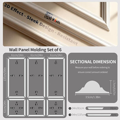 VCK Pre-Cut Wall Molding Kit, Set of 6 | 3D Ready-to-Assemble Wainscoting Panels for Accent Wall Decor | Easy Glue Installation for Living Room, Bedroom (3 Top & 3 Bottom)