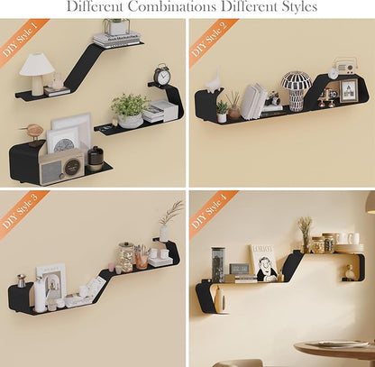 Floating Shelves, Set of 3 Wall Mounted Metal Shelves with Unique Design for Wall Storage, Book Shelf, Display Shelves for Bathroom Bedroom Kitchen Living Room, Black