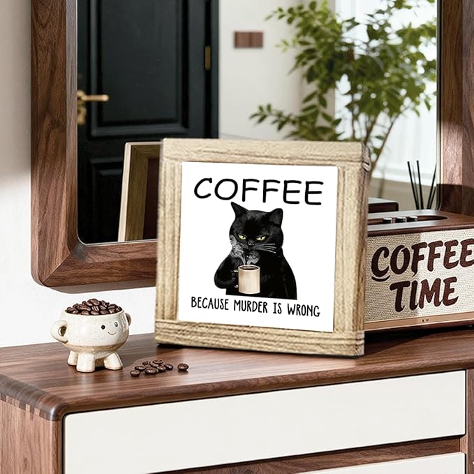 Funny Wood Coffee Sign Coffee Because Murder Is Wrong Humorous Coffees Sign Wall Art For Kitchen Office Bar Rustic Square Cafe Decor Plaque Coffees Themed Wall Decoration 5.9x5.9 Inch