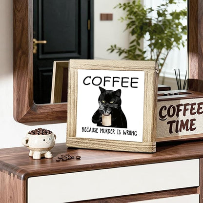 Funny Wood Coffee Sign Coffee Because Murder Is Wrong Humorous Coffees Sign Wall Art For Kitchen Office Bar Rustic Square Cafe Decor Plaque Coffees Themed Wall Decoration 5.9x5.9 Inch