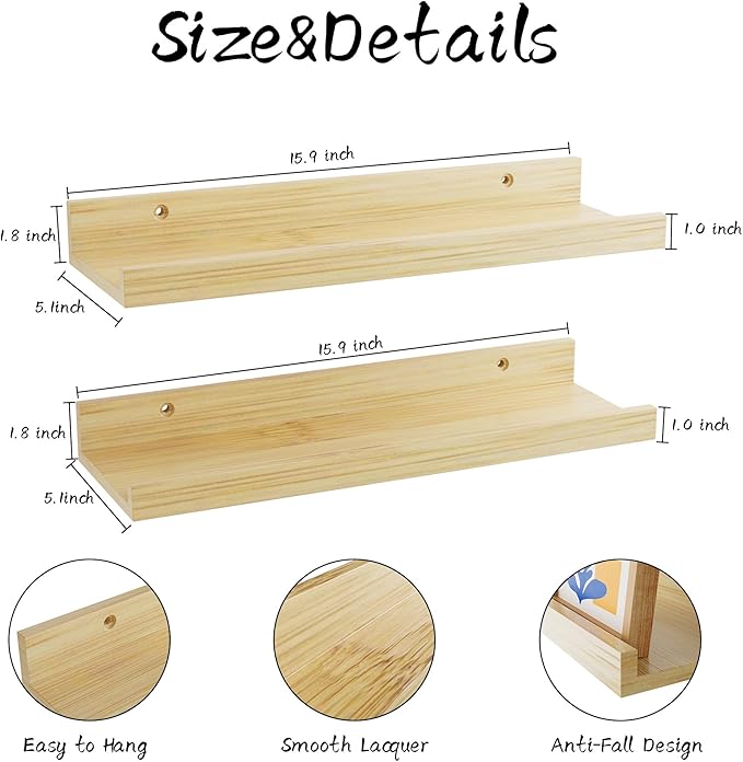 16 Inch Bamboo Floating Shelves - Picture Ledge Shelf with Lip Set of 2, Hanging Bamboo Wall Shelf for Storage, Small Natural Wood Floating Shelves for Living Room, Bedroom, Kitchen