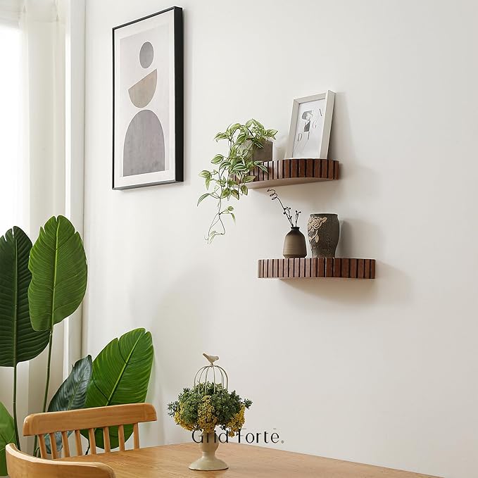 Wood Rounded Fluted Floating Shelf Set of 2, 16Wx5.5D Inch– Modern Display Shelf with Decorative Edge, Rustic Hanging Storage for Plants, Books, Photos & Home Décor