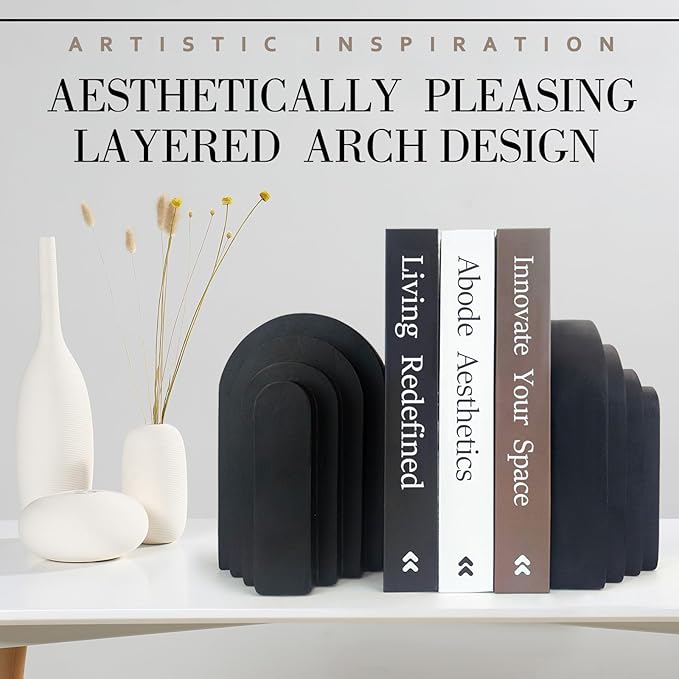 Book Ends for Heavy Books, Resin Decorative bookends, Heavy Duty Bookend for Shelves, Book Stopper for Shelves, Modern Home Decor Aesthetic Book Ends, Layered Arch Design Set of 2(Matte Black)