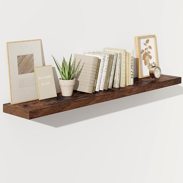 Fun Memories 55 Inch Floating Shelves for Wall, Fireplace Mantel Shelf with Invisible Heavy Duty Bracket, 8 Inch Deep Storage Shelf for Living Room, Kitchen, Farmhouse, Brown