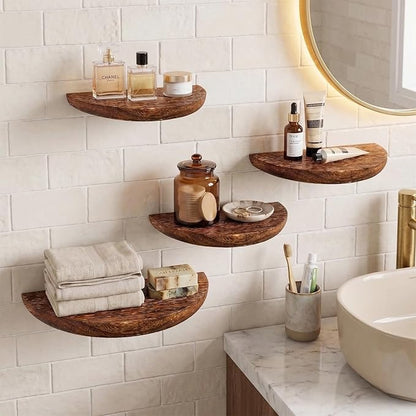 Solid Wood Half Round Floating Shelves, Elegant Floating Shelves, 8.27 Inch Small Wall Mounted Floating Corner Shelves for Living Room, Bedroom, Bathroom, Office. Dark Brown Floating Shelves, Set of 5