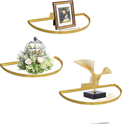 Cityelf Floating Shelves Wall Mounted Wall Decor Iron Glass Hanging Shelf Home Decor Set of 3 Display Ledge Shelves for Living Room Bedroom Office-Gold-S