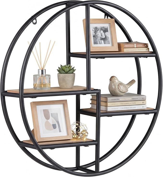 Giantex Industrial Style Round Wall Shelves, 4-Tier Decorative Circle Metal and Wood Wall Shelf for Display & Storage, Modern Geometric Wall Mounted Display Organizer for Living Room, Bedroom, Study