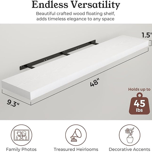 Floating Shelves for Wall, 9.3" Deep Wall Mounted Wood Shelves for Bathroom, Bedroom (White, 48)
