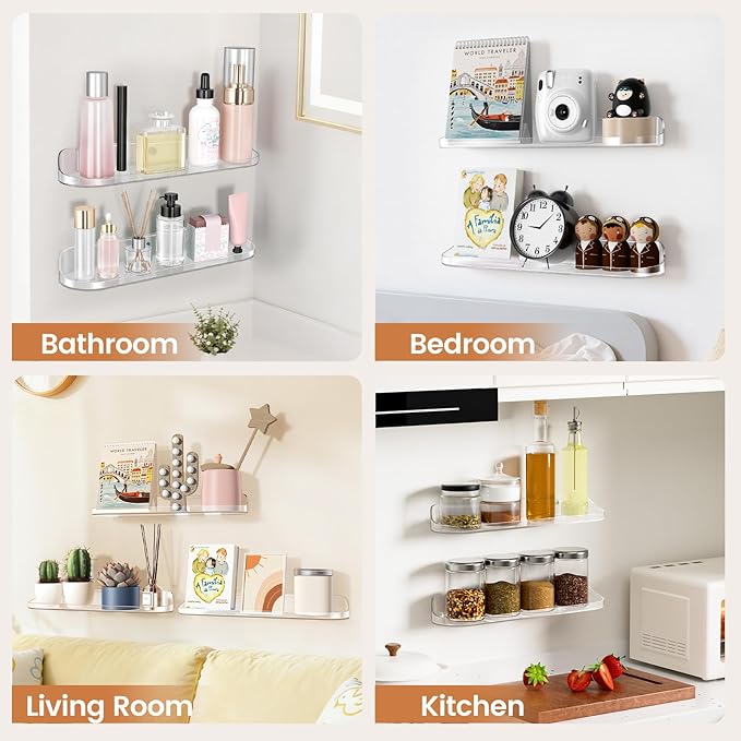 SpaceWhisper Floating Shelves for Wall, 10-Pack 15" Wall Shelves for Bathroom, Bedroom, Living Room, Display Hanging Shelf Organizer for Book, Picture Ledge, Figure Storage, Room Decor (Clear)