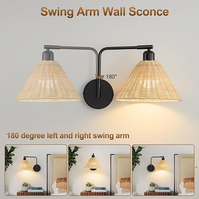 Rattan Rechargeable Wall Sconce Set of 2, Black Battery Operated Wall Lights with Remote, Hand Woven Boho Sconces Swing Arm Wireless Wall Lamp for Bedroom, Living Room, Hallway Decor