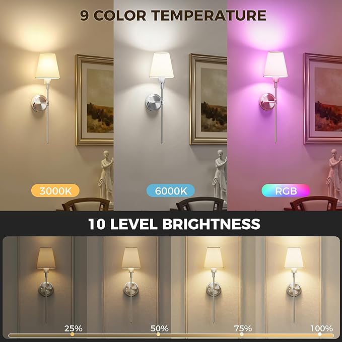 DORESshop Battery Operated Wall Sconce Set of 2, Wireless Wall Light Easy to Install, 7 Color Rechargeable Wall Sconces, Sconce Wall Decor Set of 2 for Bedroom, Living Room, Nickel, 24.6in
