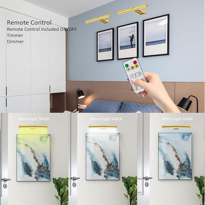 Wireless Picture Light Battery Operated,Rechargeable Painting Light with Remote Control, Metal Art Light Dimmable Display Lamp,3 Modes with Timer for Frame Dartboard Gallery,300LM, Gold
