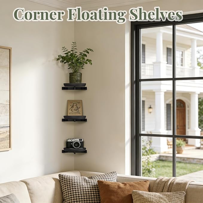 BXF Corner Wall Planters for Indoor Plants, 90 Degree Floating Shelves, Heavy Duty Mounted Holder, Minimalist Hanging Decor, Window Shelf Fits 4-7 Inch Pots, Black, 3 Pack