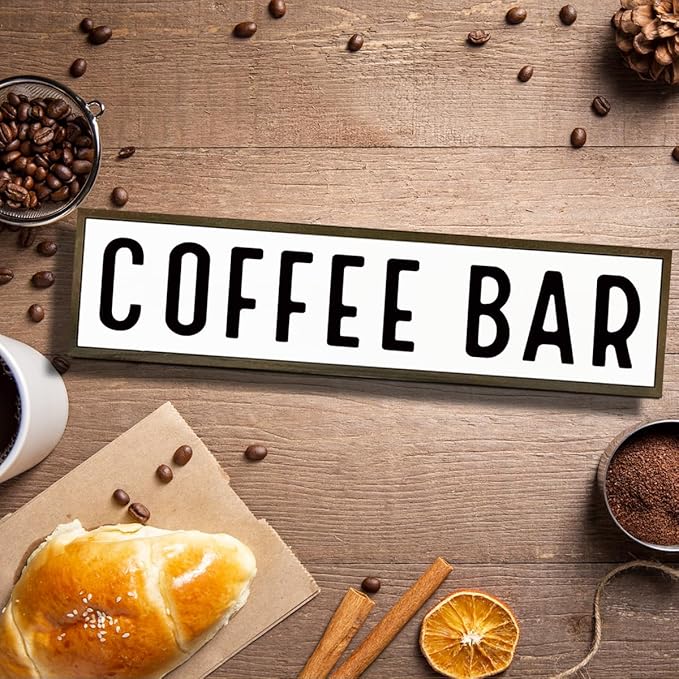 Coffee Bar Signs for Kitchen, Farmhouse Decor for Shelf, Rustic Wooden Wall Hanging Sign, Coffees Decoration for Cafe, Bar or Coffee Corner, Decorative Wooden Box Signs, 17.8x4x1.2 inches