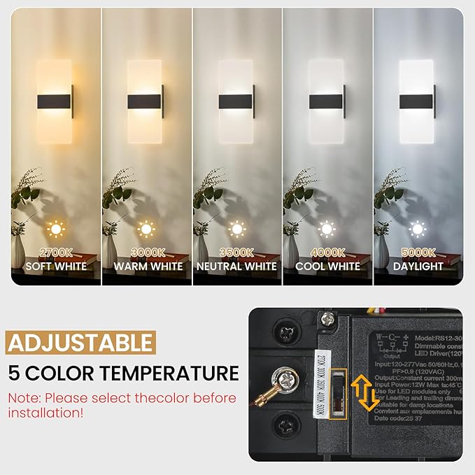 Modern LED Wall Sconce, 5CCT Dimmable Black Wall Lights, 12W 800LM 2700K-5000K Adjustable, Hardwired Indoor Up and Down Acrylic Wall Light Lighting for Living Room Bedroom Hallway, ETL