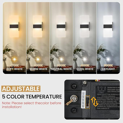 Modern LED Wall Sconce, 5CCT Dimmable Black Wall Lights, 12W 800LM 2700K-5000K Adjustable, Hardwired Indoor Up and Down Acrylic Wall Light Lighting for Living Room Bedroom Hallway, ETL