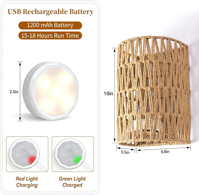 Boho Wall Decor Rechargeable Wall Sconce, 18 RGB Colors Dimmable Wireless Wall Lights Battery Operated Wall Sconce for Bedroom Living Room Hallway, Natural Hemp Rope Boho Decor