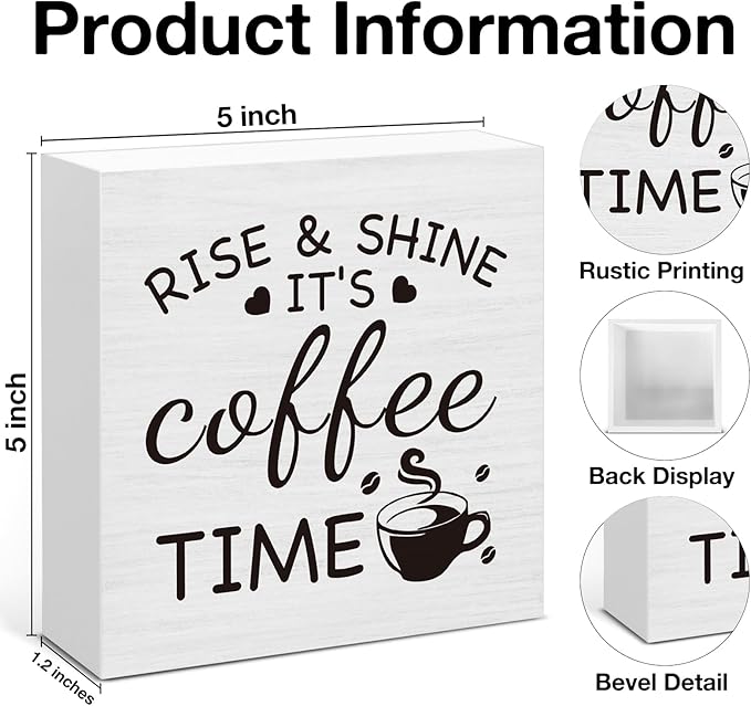 Farmhouse Coffee Bar Decor Sign, It's Coffee Time Wood Block Sign for Home Kitchen Bar Tabletop Decoration 5 x 5 Inches