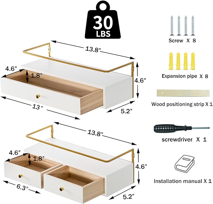 Floating Shelves With Drawers Set of 2, Wall Mounted Bathroom Storage, Rustic Wood Shelves for Bedroom, Living Room, Kitchen, Home Decor, Plants, Books (White)