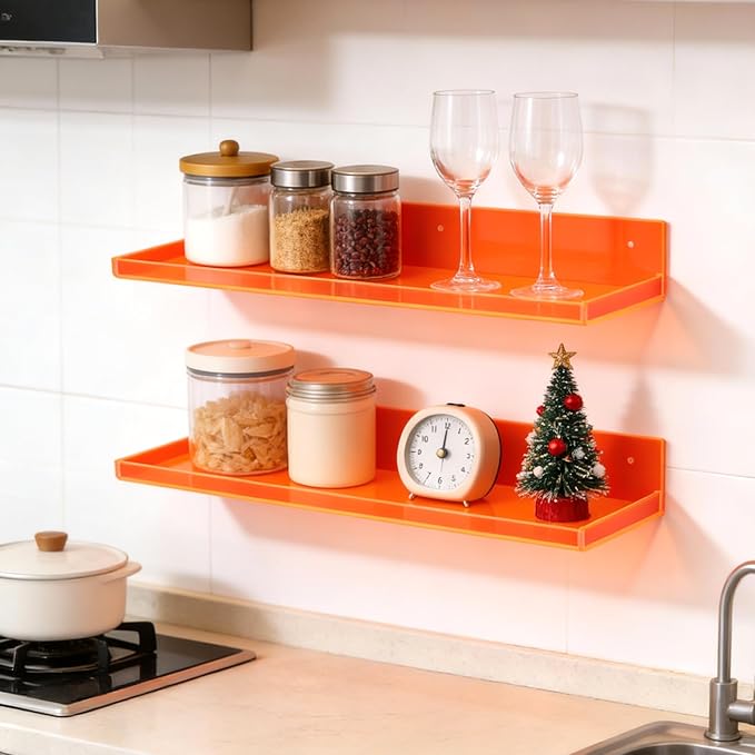 Floating Shelves for Wall Acrylic Wall Shelves for Bedroom Bathroom Living Room Kitchen 16.5X5.5'', Pack of 2, Neon Orange