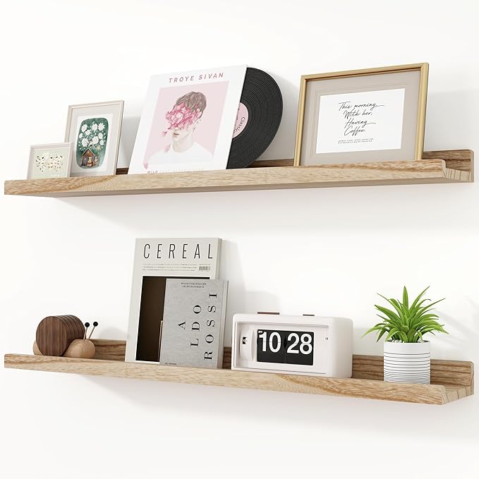 RICHFOCUS Floating Shelves for Wall, 36 inch Solid Wood Picture Ledge Shelf for Wall Storage, Nursery Book Shelves with Lip for Living Room Bathroom Bedroom Kitchen, Set of 2, Carbonized Black