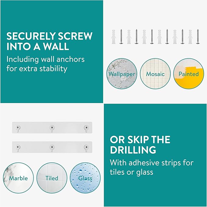 Navaris Opaque White Acrylic Shower Shelves (Set of 2) - Stick On or Screw Mount Adhesive Shelves for Bathroom - No Drilling or Nails Thin Plastic Wall Shelf