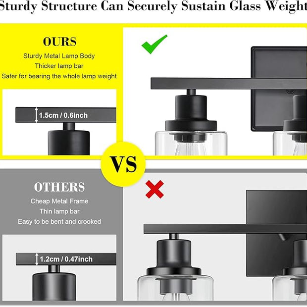 Ascher Bathroom Vanity Light Fixtures, 3 Light Wall Sconces Lighting with Clear Glass Shade, Black Wall Lights for Mirror, Kitchen, Living Room, Gallery, Hallway, E26 Base (Bulbs Not Included)