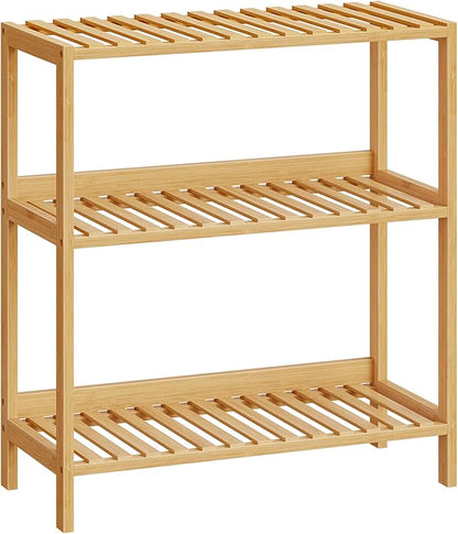 HOOBRO Bamboo Storage Shelf, 3-Tier Freestanding Shelving Unit, Multifunctional Storage Rack with Back Panel, 23.6 x 10.2 x 26 inches, for Bathroom, Living Room, Balcony, Kitchen, Natural YL94CJ01
