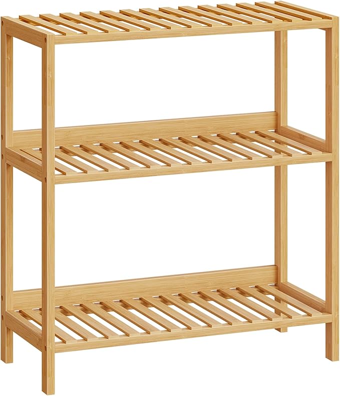 HOOBRO Bamboo Storage Shelf, 3-Tier Freestanding Shelving Unit, Multifunctional Storage Rack with Back Panel, 23.6 x 10.2 x 26 inches, for Bathroom, Living Room, Balcony, Kitchen, Natural YL94CJ01