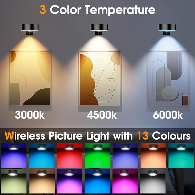 RGB Picture Light Battery Operated Painting Lights for Wall Wireless Magnetic Display Art Light with Remote Controls,Dimmable&Timer for Art Frame Artworking,3Pack Black