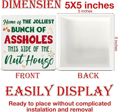 Funny Christmas Decor, Christmas Home Decorations, Home of the Jolliest Wooden Sign Rustic Home Shelf Office Decor 5 x 5 Inches