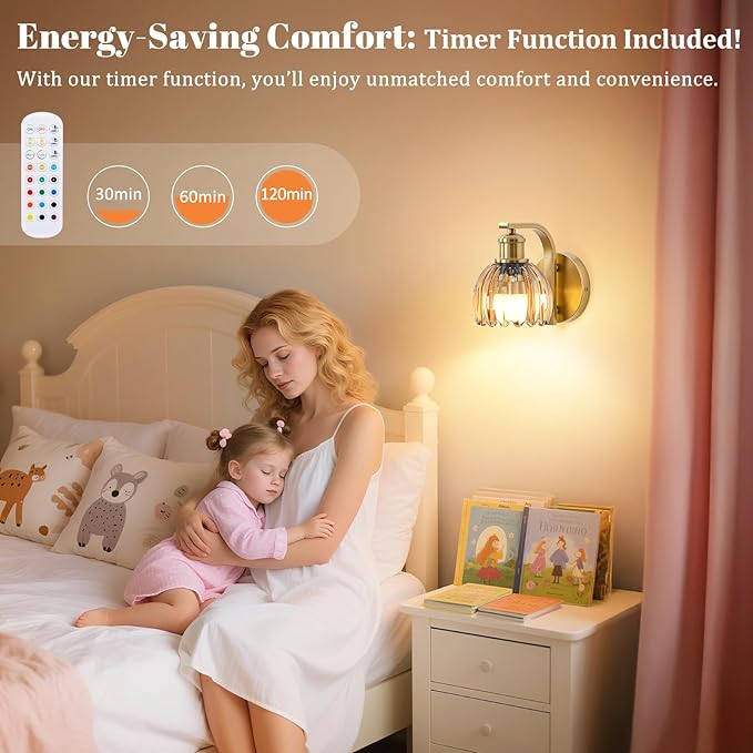 VerRon Rechargeable Battery Operated Wall Sconce with Amber Glass Lampshade, Wireless Wall Scone Decor with Remote Control, 15 Colors Gold Wall Light for Bedside Hallway Bedroom Doorway