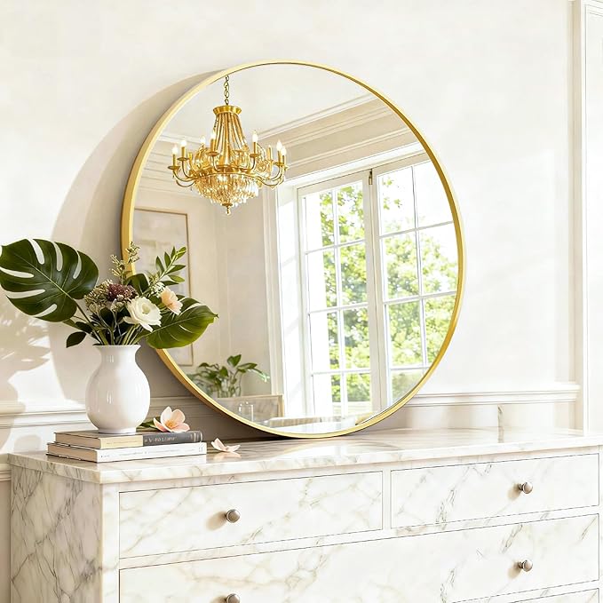 Round Wall Mirror 24 Inch Gold Vanity Mirror with Metal Frame, Modern Circle for Bathroom, Entryway, Bedroom, Living Room, Wall Mounted Decorative Mirrors