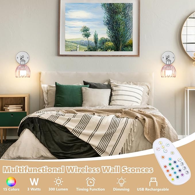 Vintage Battery Operated Wall Sconce, Pink Tulip Glass Lampshade Wireless Rechargeable Battery Powered LED Wall Light with Remote Dimmable for Bedside Bedroom Living Room, Silver, Set of 2