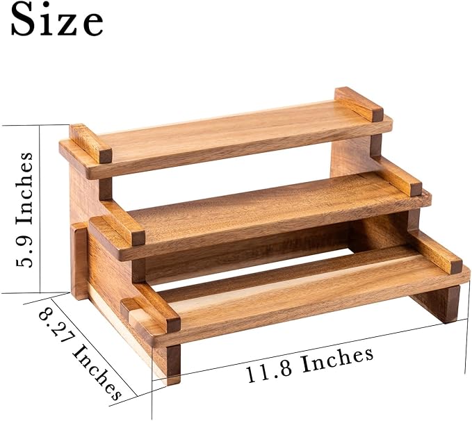 Acacia Wood Tiered Spice Rack Shelf Organizer for Cabinet, Small Cupcake Stand, Spice Racks Risers for Inside Cabinets, Wooden Pantry Spice Jar Rack, Seasoning Perfume Cologne Fragrance 3 Tier Display