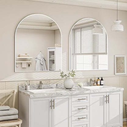32 x 34 inch Arch Wall Mirror, White Arched Bathroom Vanity Mirrors for Over Sink, Metal Frame Room Wall Decor Haning or Leaning for Entryway, Bedroom, Living Room
