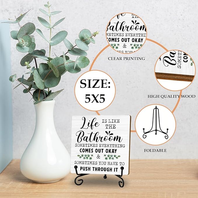 Funny Bathroom Shelf Decor, Life Is Like The Bathroom Signs Decors For Shelves, Small Toilet Restroom Accessories, Shelf Counter Decorations, Wood Plaque With Iron Stand Home Decor Gifts for Women