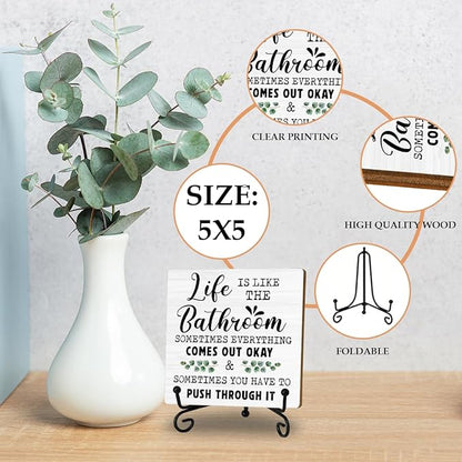 Funny Bathroom Shelf Decor, Life Is Like The Bathroom Signs Decors For Shelves, Small Toilet Restroom Accessories, Shelf Counter Decorations, Wood Plaque With Iron Stand Home Decor Gifts for Women