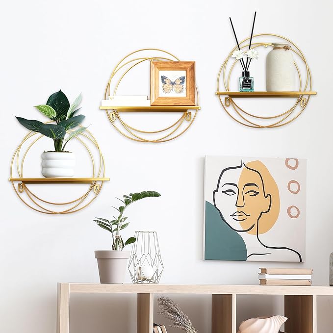 3 Pcs Gold Floating Shelves Wall Mounted Hanging Shelf with Gold Metal Wire and Wood, Foldable Round Shelf Wall Decor for Storage Bedroom Bathroom Living Room Kitchen Office Home Decoration