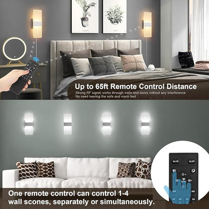 Plug in Wall Sconces with Stepless Adjustable 3000K-6500K Colors and 10%-100% Brightness, Sconces Wall Lighting with Remote Control 12W Acrylic LED Wall Lamp with 6FT Plug in Cord, 1 Pack