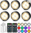 LED Puck Lights with Remote Control, Battery Operated Wireless Closet Light, Under Cabinet Lighting Stick on Tap Push Lights, Color Changing Under Counter Light for Kitchen, 6 Pack - Black