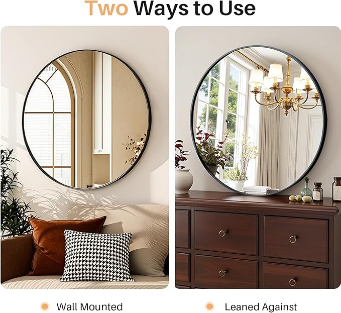 Bathroom Mirror for Wall, 20 Inch Round Mirror, Matte Black Metal Framed Circle Vanity Mirror for Bathroom Bedroom Living Room Entryway, Anti-Rust, Tempered Glass, Hanging or Leaning